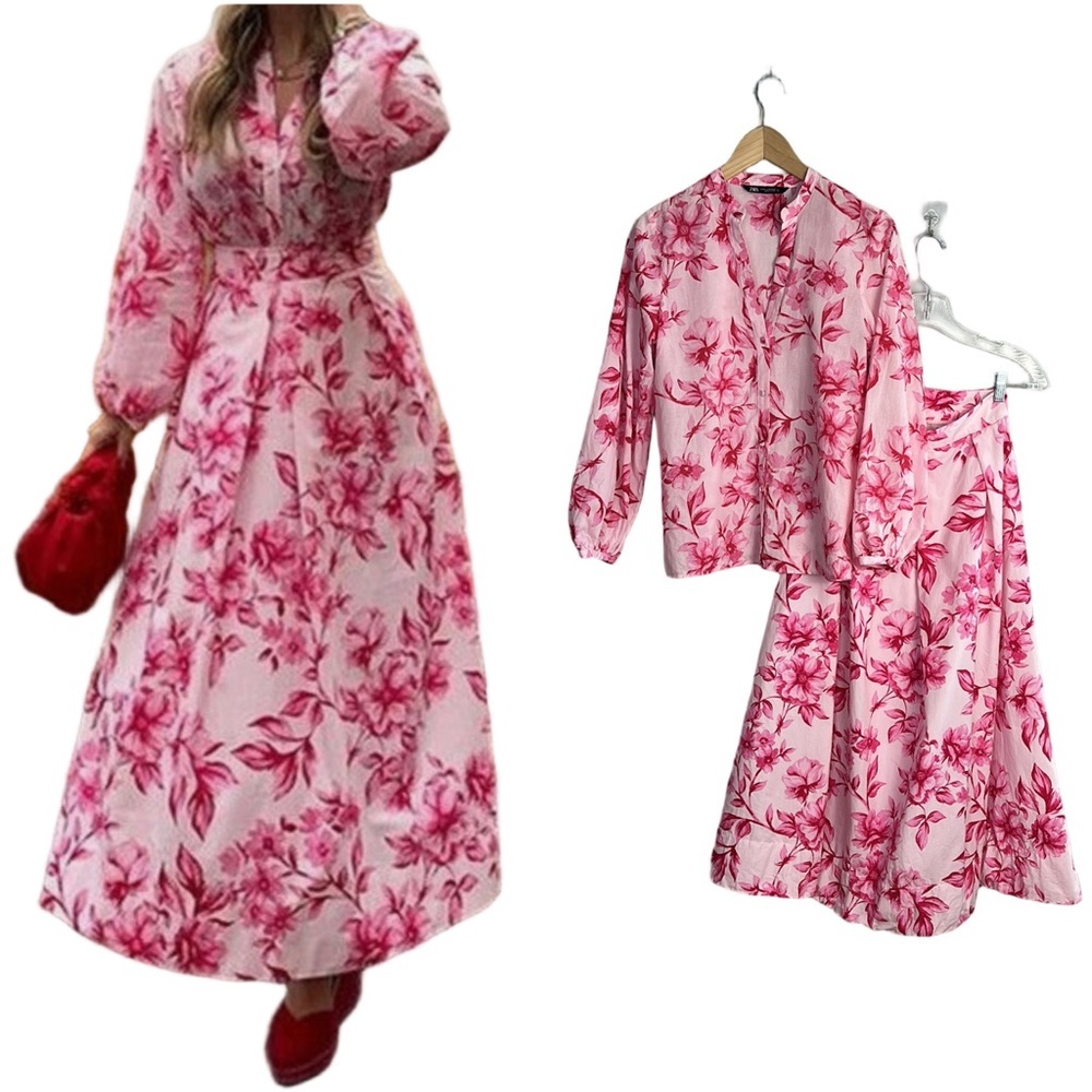 Zara High Waisted Maxi Skirt Poplin Top Fabric Buttons Size XS Set Pink Floral